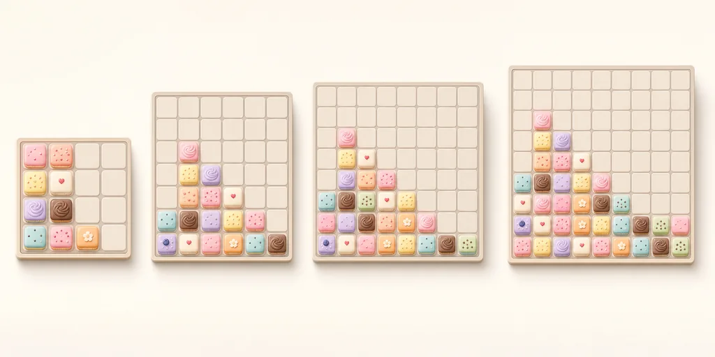 2048 4x4, 7x7, 8x8, 9x9 보드 크기 비교 콘셉트 일러스트