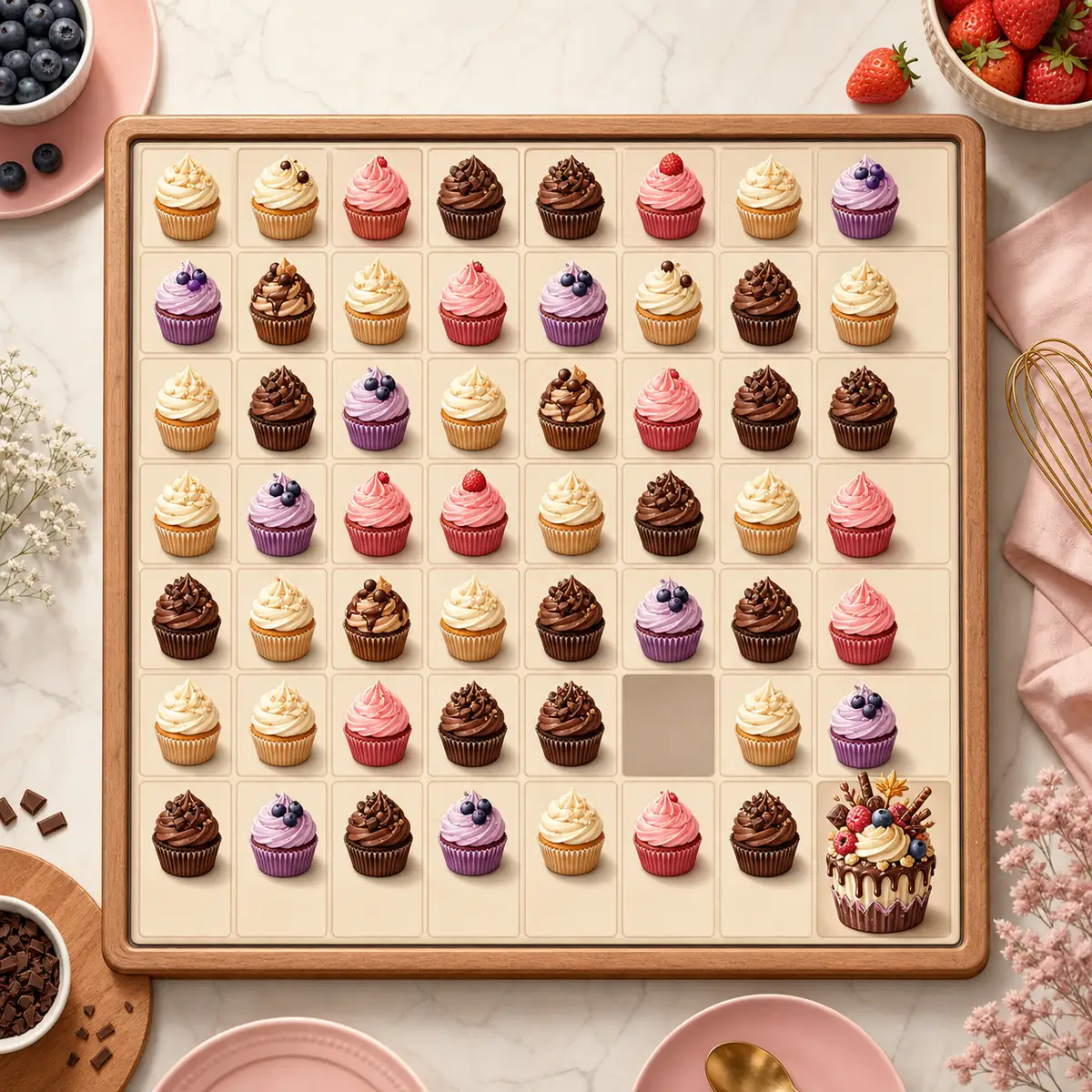 Ilustração conceitual de um puzzle de cupcakes em um tabuleiro grande para um guia 2048 9x9