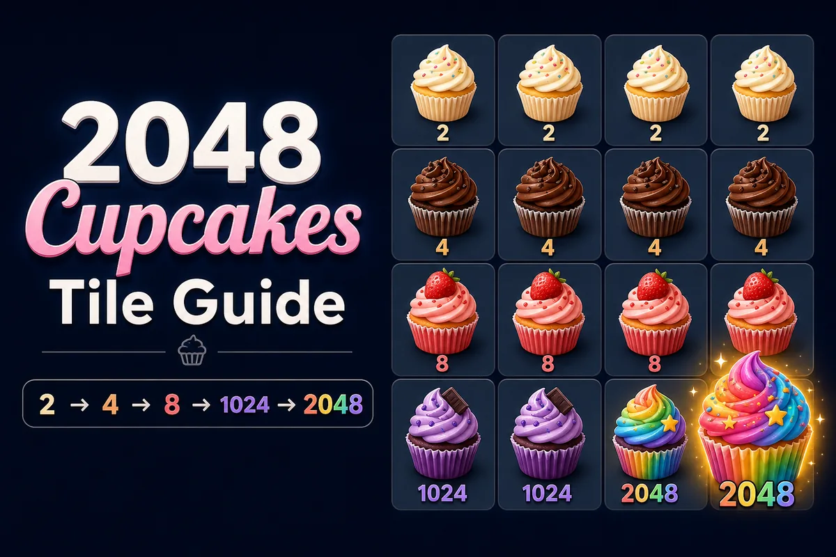 2048 Cupcakes tile progression from small cupcakes to the 2048 Rainbow Cupcake