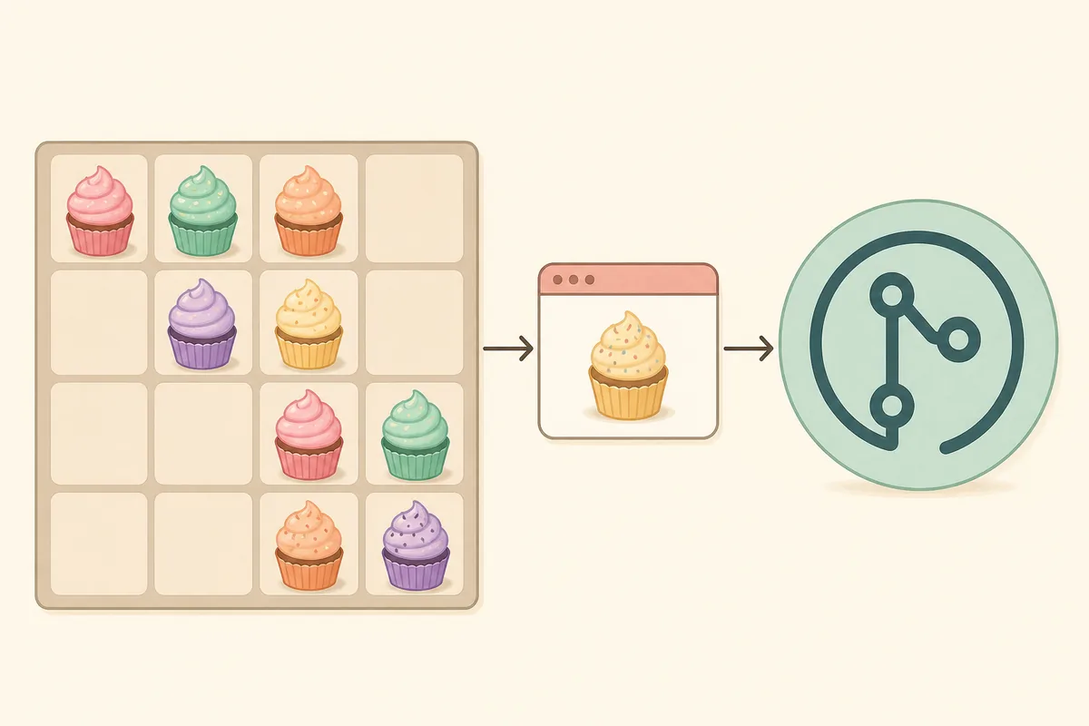 Redaktionelle Illustration eines Cupcakes-2048-Bretts, verbunden mit einem Code-Repository-Symbol
