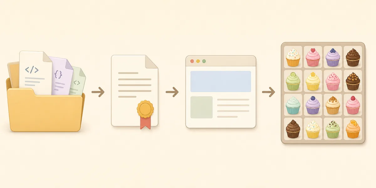 Redaktionelle Flussillustration von Quelldateien und Lizenz zu Browser-Demo und Cupcakes-Brett
