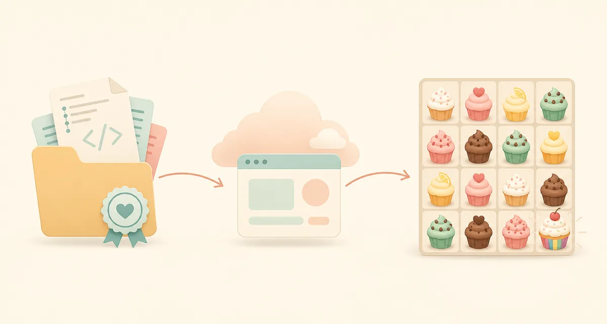 Redaktionelle Vergleichsillustration von Code-Repository, gehosteter Webseite und Cupcakes-2048-Brett