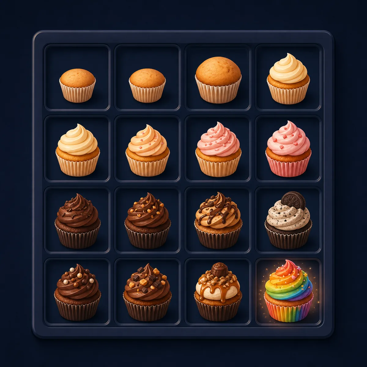 Redaktionelle Illustration von Cupcake-Kacheln auf einem dunklen 2048-Brett auf dem Weg zum Rainbow Cupcake