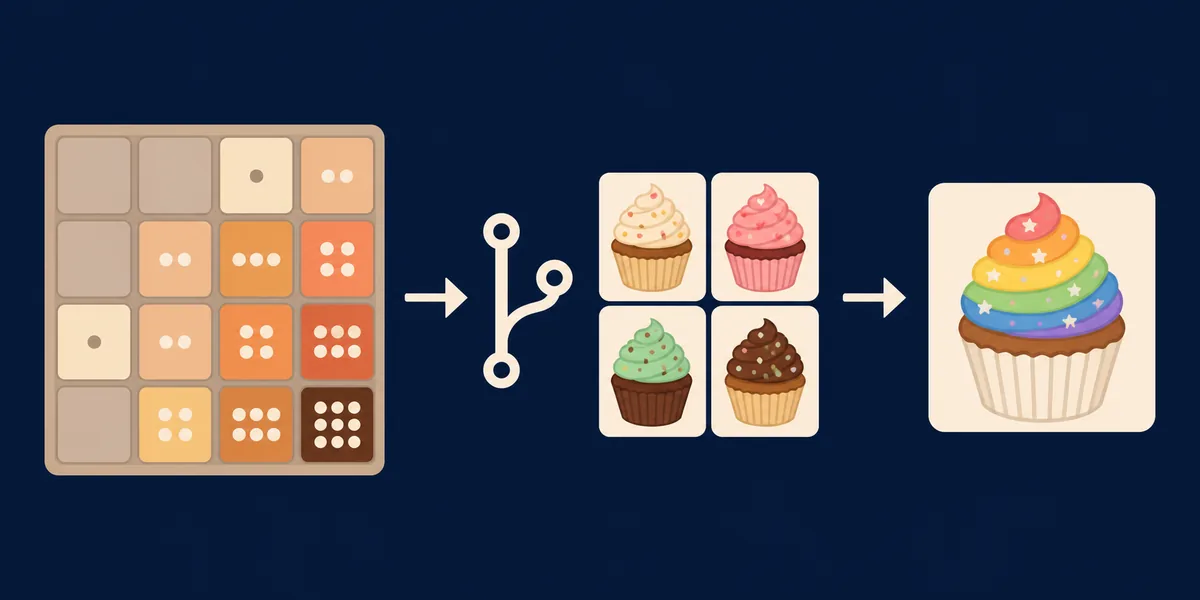 Konzeptioneller Ablauf vom klassischen 2048-Puzzle über Quellcode und Cupcake-Bilder zum Rainbow Cupcake