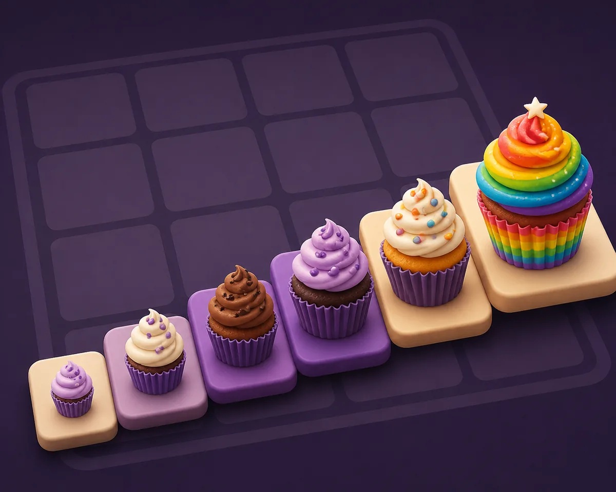 Ilustração editorial de peças de cupcake avançando até um cupcake arco-íris em uma grade escura de 2048